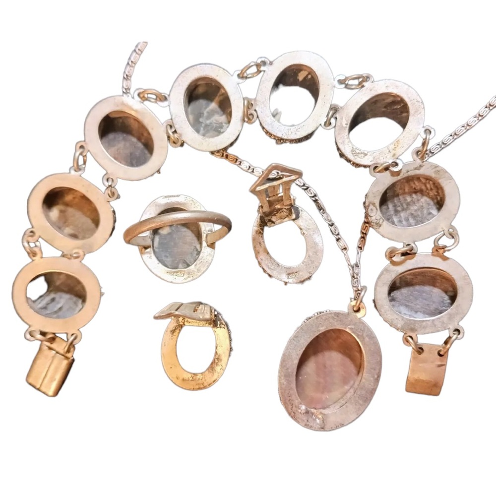 Victorian Antique Abalone Cameo SET 800 silver Bracelet ring necklace earrings - Picture 8 of 12